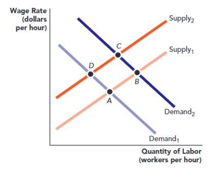 <strong>Use Figure: Equilibrium in the Labor Market. Which one of the following can shift the equilibrium from point B to point A? Figure: Equilibrium in the Labor Market </strong> A) an increase in the rate of immigration into an economy B) an increase in the price of goods and services in the economy C) a decrease in the rate of immigration in the economy D) a decrease in the price of goods and services in the economy