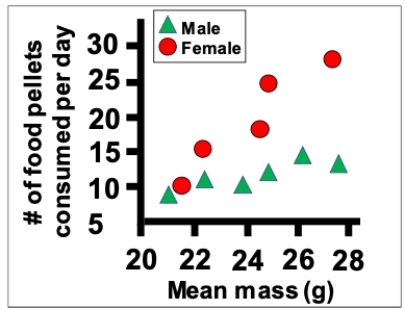 <strong>Consider an experiment in which female and male rats are weighed and then their food consumption is measured. Which of the following is a flaw in the figure showing data from this experiment? </strong> A) Data for an unequal number of subjects for each of the two sexes are displayed. B) The pair of colors, red and green, is used. C) The groups have both different colors and different shapes, which is redundant; only one aspect of the symbols should differ. D) The wrong variables are plotted on the axes; they should be switched.