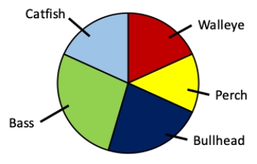 <strong>Consider a lake survey in which the relative amounts of five different types of fish are identified. Which of the following data sets matches the pie chart shown? </strong> A) 25% bass, 20% bullhead, 25% catfish, 15% perch, 15% walleye B) 35% bass, 15% bullhead, 15% catfish, 15% perch, 20% walleye C) 20% bass, 15% bullhead, 25% catfish, 20% perch, 20% walleye D) 30% bass, 20% bullhead, 15% catfish, 15% perch, 20% walleye