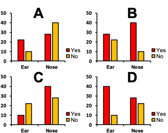 <strong>Consider a situation in which bacterial swabs were taken from the ears and noses of 50 study subjects, and the number of swabs that showed the presence of staphylococcus were measured. The table shows the results of the measurements. Which of the grouped bar graphs shown correctly depicts this data? ? Contingency table showing presence of Staphylococcus in swabs from different body parts. \begin{array}{lll} \text { Present? } & \text { Ear } & \text { Nose } \\ \hline \text { Yes } & 40 & 28 \\ \text { No } & 10 & 22 \end{array} ? ?</strong> A) Plot A B) Plot B C) Plot C D) Plot D