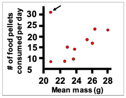 <strong>Consider an experiment in which rats are weighed and then their food consumption is measured. Which of the following terms would be used for the data point indicated with the arrow? </strong> A) A deviation. B) An exception. C) An outlier. D) A scattered point.