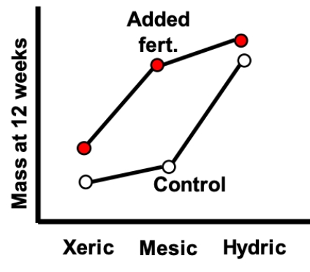 <strong>The interaction plot shown most likely represents which of the following? </strong> A) Associations with environment and fertilizer treatment, and an interaction B) Associations with environment and fertilizer treatment, but no interaction C) An association with environment, but no effect of fertilizer treatment or any interaction D) An association with fertilizer treatment, but no effect of environment or any interaction