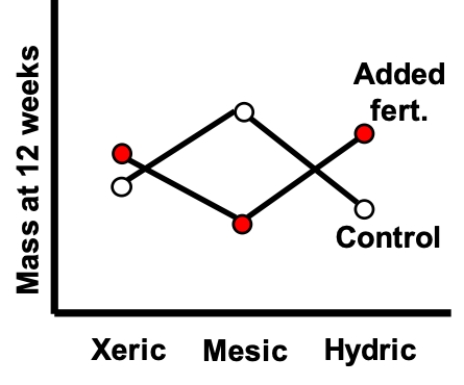 <strong>The interaction plot shown most likely represents which of the following? </strong> A) Associations with environment and fertilizer treatment, and an interaction B) Associations with environment and fertilizer treatment, but no interaction C) An association with environment and an interaction, but no association with fertilizer treatment D) An association with fertilizer treatment and an interaction, but no association with environment