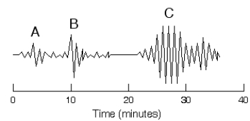 <strong> -What causes the up-and-down wiggles on the seismogram?</strong> A) electromagnetic pulses B) tsunami waves C) ground vibrations D) variations in air pressure