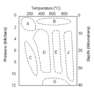 <strong> -Which pressure-temperature regime represents the eclogite facies?</strong> A) area A B) area C C) area E D) area G