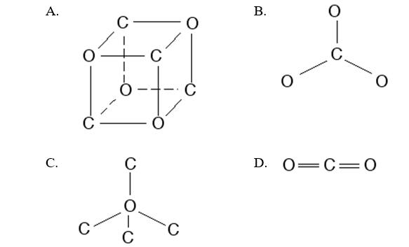 <strong>  -Which of the following atomic structures represents a carbonate ion?  </strong> A) diagram A B) diagram B C) diagram C D) diagram D <div style=padding-top: 35px> 