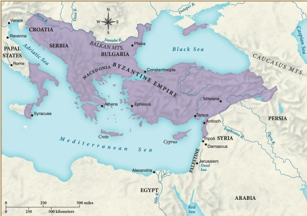 <strong>In the map depicted here, which statement is justified about the Byzantine Empire around 1025? </strong> A) By 1025, Byzantine emperors could again lay claim to all towns central to Jesus's life. B) Though in decline generally, it expanded its boundaries in the previous three hundred years. C) By this time, the Byzantines were able to conquer the central territories of the Islamic world. D) The Byzantine Empire stopped its expansion where the Roman Empire did, at the Nile River.