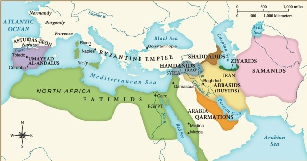 <strong>In the map depicted here, which statement is justified about the Islamic states around 1000? </strong> A) Islam penetrated well into Europe in the previous two hundred years. B) The major alteration in Islamic rule at this time was its fracturing into smaller states. C) The Fatimid caliphate controlled much of the former Sassanid Empire. D) The largest threat to the Byzantine Empire was the Umayyad Al-Andalus.