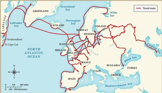 <strong>Based on this map, the Vikings primarily traveled </strong> A) by sea. B) on foot over land. C) in small groups. D) on horseback.