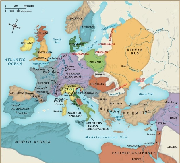 <strong>Which of the following statements about Europe and the Mediterranean around 1050 is supported by this map? </strong> A) Most of Europe was part of the Byzantine Empire. B) Europe was primarily united into large empires ruled by one emperor. C) Most of Europe had adopted Islamic beliefs by this time. D) Europe was comprised of many different states of a variety of cultures and societies.