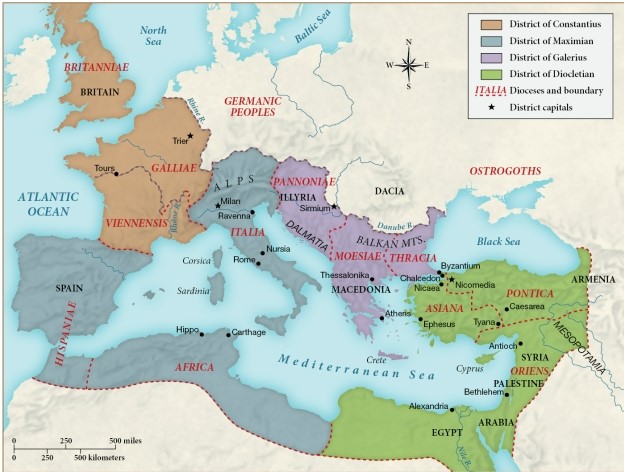 <strong>Based on this map, which of the following districts would have been the most vulnerable to invasion by Germanic peoples? </strong> A) District of Diocletian B) District of Africa C) District of Hispaniae D) District of Constantius