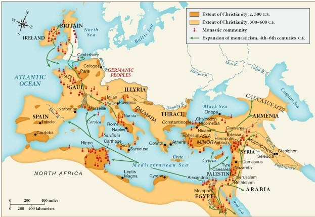 <strong>Which of the following statements is supported by this map? </strong> A) Christianity spread significantly between 300 and 600 C.E. B) Monastic communities were rare in areas of early Christian influence. C) Monasticism expanded from Spain throughout the region. D) The influence of Christianity declined from 300 to 600 C.E.
