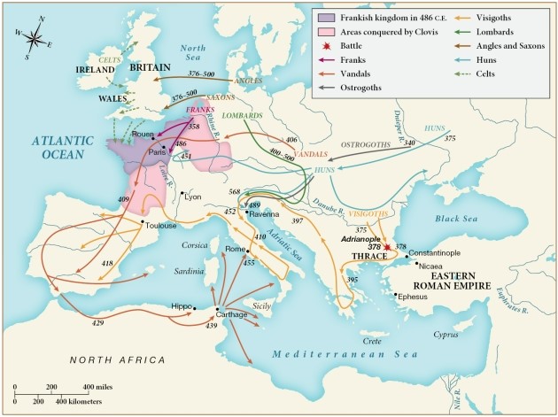 <strong>Which group invaded North Africa and, from there, across the Mediterranean Sea into present-day Italian territories? </strong> A) The Franks B) The Vandals C) The Huns D) The Lombards