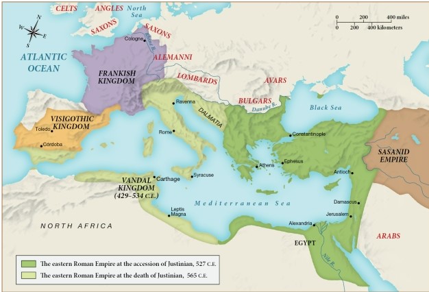 <strong>By the time of Justinian's death in 565 C.E., which of the following regions had come under the control of the eastern Roman Empire? </strong> A) The Frankish Kingdom B) The Vandal Kingdom C) The Visigothic Kingdom D) The Sasanid Empire