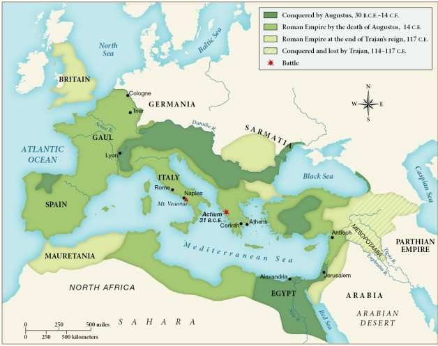 <strong>Which of the following statements is supported by this map? ​   ​</strong> A) The Roman Empire had lost a significant amount of territory by Augustus's death. B) Frequent and destructive battles led to the loss of territory by the Roman Empire. C) By the time of Augustus's death, the Roman Empire had expanded significantly. D) By 117 C.E., the Roman Empire had expanded as far north as the Baltic Sea. <div style=padding-top: 35px> 
