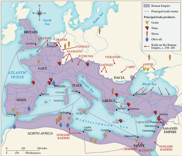 <strong>Based on this map, which of the following transactions would be the most likely? ​   ​</strong> A) Greece trading grain for olive oil from Britain. B) Gaul trading olive oil for grain from Greece. C) Egypt trading slaves for olive oil from Greece. D) Spain trading grain for wine from Gaul. <div style=padding-top: 35px> 