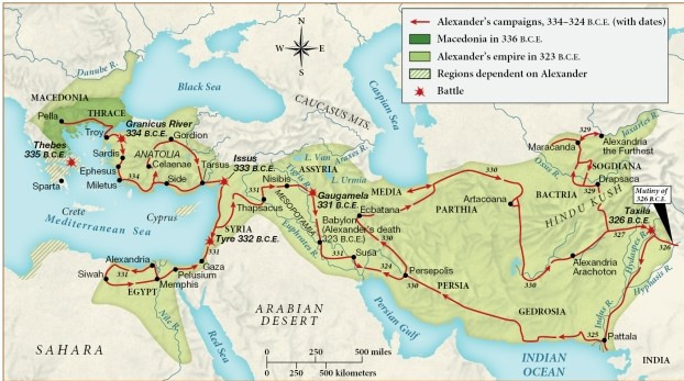 <strong>Which of the following statements can be justified by the map below? </strong> A) Alexander focused his conquests on unknown territories. B) First Alexander conquered Parthia then India and Anatolia. C) Areas where great civilizations already existed were Alexander's targets. D) A seaport was established on the Atlantic Ocean by Alexander.