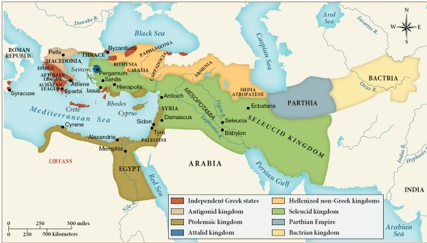 <strong>Which of the following regions likely benefitted the most from trade within the Mediterranean Sea? </strong> A) The Parthian Empire B) The Bactrian kingdom C) The independent Greek states D) The Hellenized non-Greek kingdoms