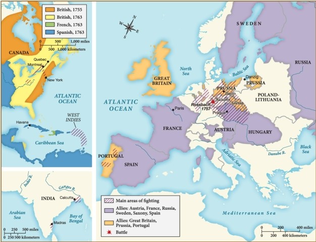 <strong>Which of the following statements regarding the Seven Years' War is supported by this map? </strong> A) Russia allied with Prussia and Portugal during the war. B) The British lost a considerable amount of territory following the war. C) France and Great Britain were on the same side during the war. D) Most of the fighting happened in Prussia, Austria, and Hungary.