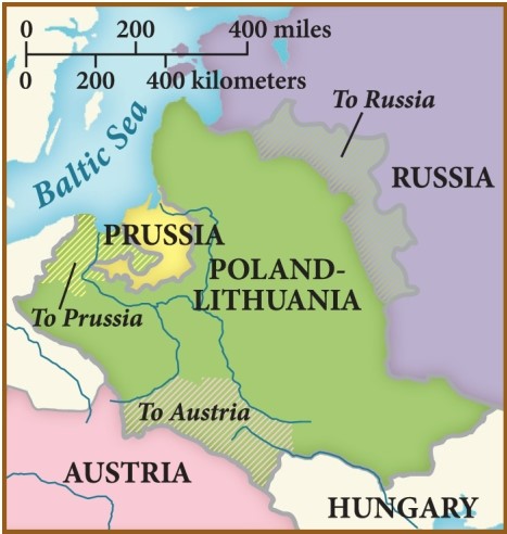 <strong>Which nation expanded their position along the Baltic Sea as a result of the First Partition of Poland in 1772? </strong> A) Austria B) Hungary C) Prussia D) Russia