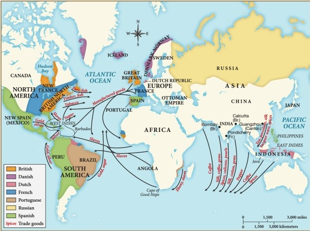 <strong>This map of European trading patterns c. 1740 demonstrates that, by the middle of the eighteenth century, </strong> A) Asia was almost entirely imperialized by European powers. B) seventeenth-century mercantilism was widely adopted in Europe. C) European powers had settled the entirety of the Americas. D) Christianity had expanded to all the world's settled colonies.