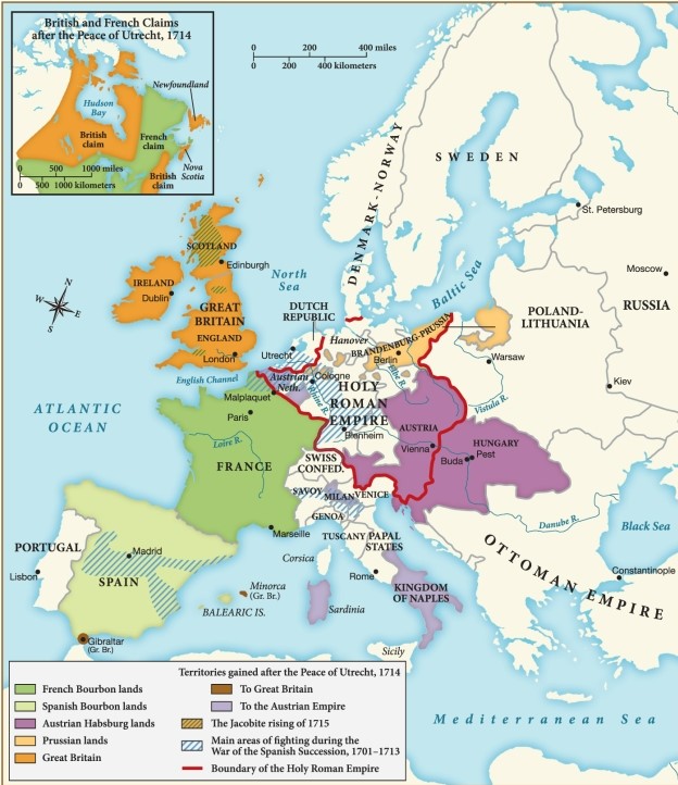 <strong>According to this map, which of the following was a result of the Peace of Utrecht in 1714? </strong> A) Spain regained control of Gibraltar. B) The Jacobites engaged in revolt and uprising. C) The Austrian Empire gained the Kingdom of Naples and Sardinia. D) Great Britain lost all territorial claims in North America.