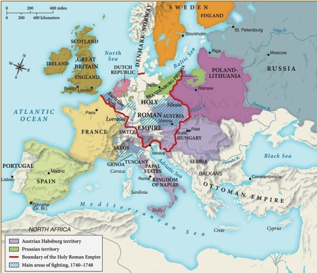 <strong>Which of the following statements about Europe by 1750 is supported by this map? </strong> A) Significant amounts of conflict occurred in the Holy Roman Empire for nearly all of the 1740s. B) Great Britain expanded its empire by seizing territories within the Holy Roman Empire. C) Poland-Lithuania began to encroach on Russian territory, despite Peter the Great's efforts to expand Russia. D) France established itself as a Catholic nation and became part of the Holy Roman Empire.