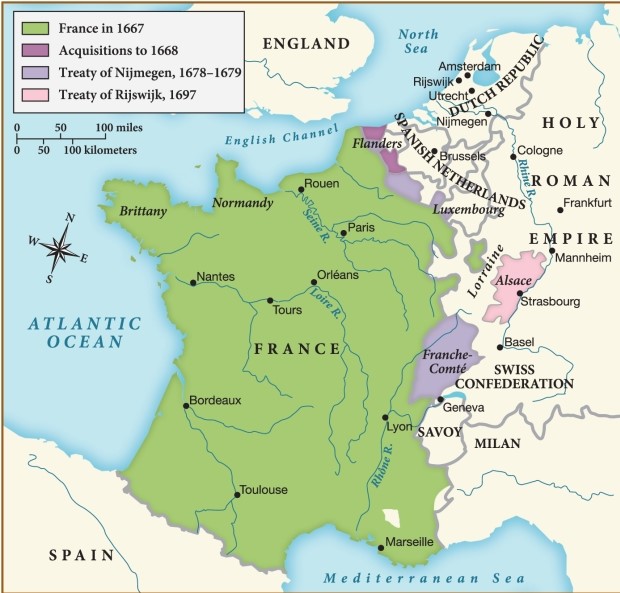 <strong>Which of the following statements is supported by this map? </strong> A) Louis XIV was not interested in expanding France's territorial controls during this time. B) The territory controlled by France dramatically decreased by 1697. C) Louis XIV was able to expand France by acquiring territory through the passage of treaties. D) France maintained a clear and strictly defined border with the Holy Roman Empire.