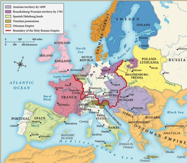 <strong>Which of the following statements about Europe at the end of the seventeenth century is supported by this map? </strong> A) By this time, most of the Holy Roman Empire was French territory. B) Austria expanded its territory by acquiring lands from the Ottoman Empire. C) Brandenburg-Prussia united its territories by seizing land from Poland-Lithuania. D) Spain lost a considerable amount of territory to the Ottoman Empire.