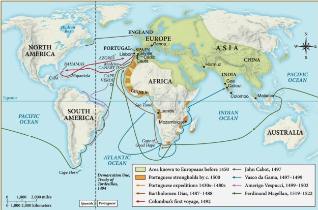 <strong>Which of the following statements is supported by this map? </strong> A) Much of Asia was unknown to Europeans before 1450 when Vasco da Gama sailed to India. B) The Spanish led voyages near the Americas, while Portugal led voyages near Africa. C) Spain set up several colonies in Africa as a result of frequent voyages and travels south of Europe. D) Christopher Columbus can be credited for the discovery of Australia as well as a variety of islands in the Indian Ocean.