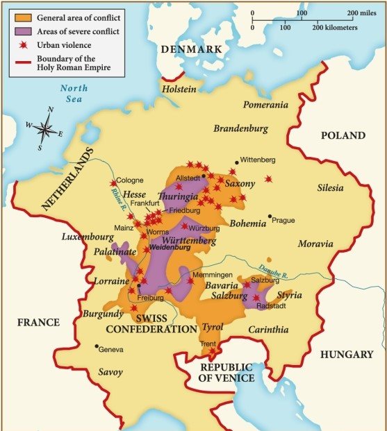 <strong>According to this map, most of the urban violence during the Peasants' War in 1525 occurred </strong> A) in areas of general conflict. B) along the borders of the Holy Roman Empire. C) in the Netherlands D) in areas of severe conflict.