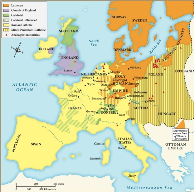 <strong>According to this map, Calvinism took a strong hold in which area? </strong> A) Spain B) Norway C) Scotland D) France