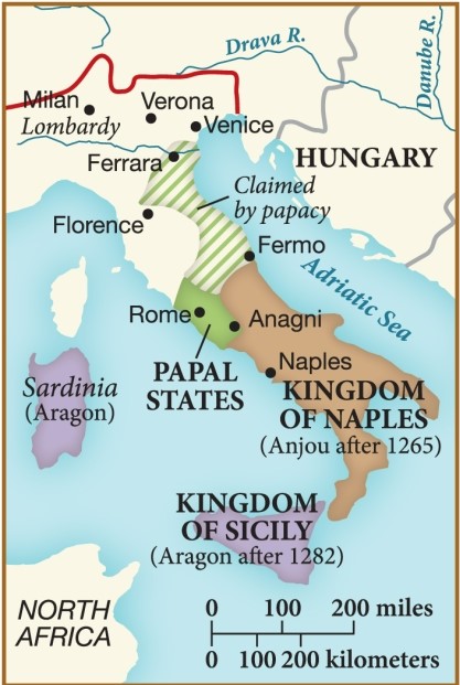 <strong>Which of the following statements explains why Italy remained divided at the end of the thirteenth century, as shown in this map? </strong> A) Emperor Frederick II failed in his attempts to unify Italy under his rule. B) Venetian and Florentine merchants successfully fought off the pope. C) Muslim invasions from the south prevented unification. D) The papacy split, with one pretender in Avignon and one in Rome.