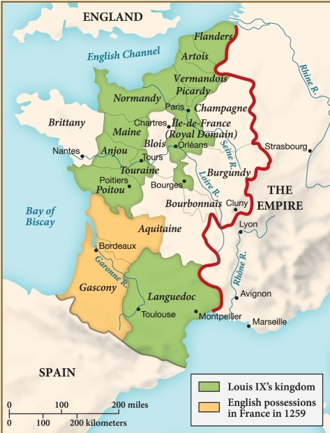 <strong>Louis IX's kingdom of France included which of the following regions? </strong> A) Burgundy B) Normandy C) Gascony D) Aquitaine