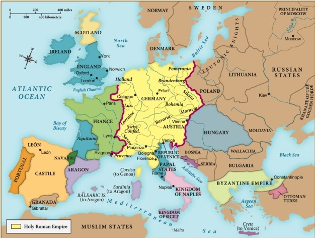 <strong>In about 1340, the Holy Roman Empire controlled which of the following? </strong> A) France B) Germany C) Hungary D) England