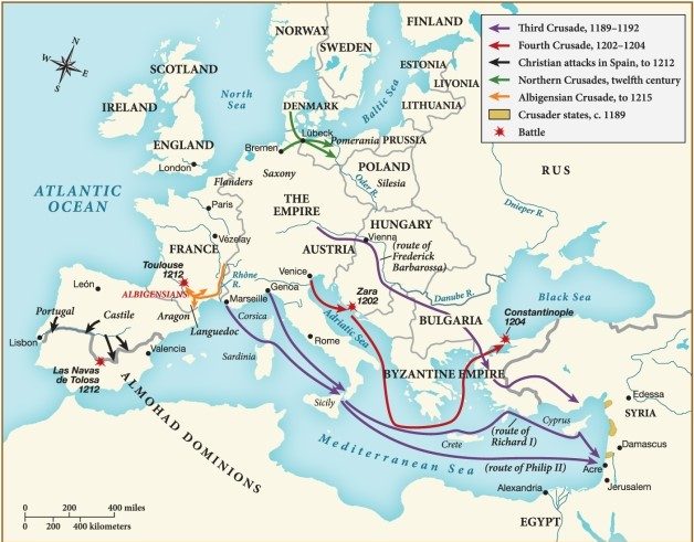 <strong>Which of the following statements regarding the Third Crusade is supported by this map? ​   ​</strong> A) It was primarily contained to France. B) It was carried out by crusader states against the Empire. C) It sought to conquer Constantinople in the Byzantine Empire. D) It traversed the Mediterranean Sea to target the Middle Eastern region. <div style=padding-top: 35px> 