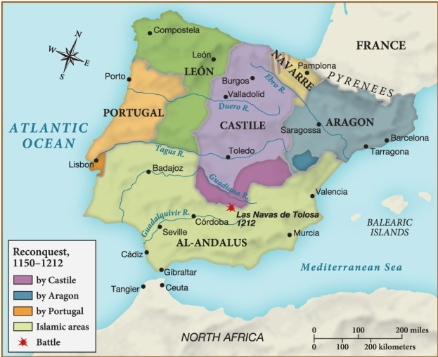 <strong>Based on this map, which region of Spain had the greatest success during the reconquest in reclaiming territory from the Al-Andalus? ​   ​</strong> A) Castile B) Navarre C) Aragon D) León <div style=padding-top: 35px> 