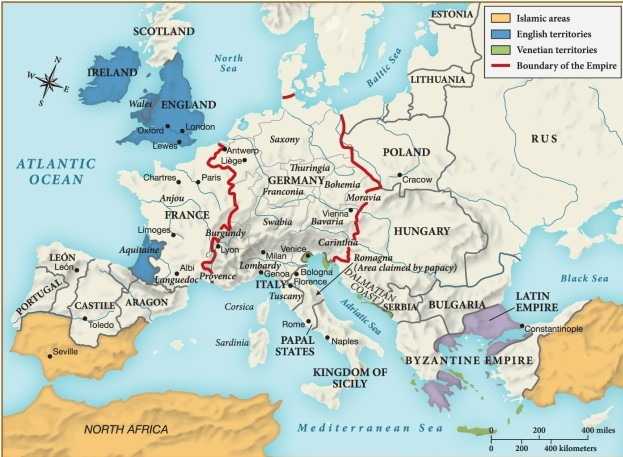 <strong>Which of the following statements is justified by this map? ​   ​</strong> A) By about 1215, the Empire had lost significant ground to the Venetians. B) By about 1215, most of France had come under control of the English by way of strategic marriages. C) By about 1215, areas under Islamic influence were primarily isolated to North Africa and the Middle East. D) By about 1215, the Byzantine Empire was slowly encroaching on eastern European territory sought by Germany. <div style=padding-top: 35px> 