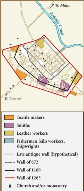<strong>According to this map, which profession operated both within and outside of the city walls by 1265? </strong> A) Textile makers B) Smiths C) Leather workers D) Merchants