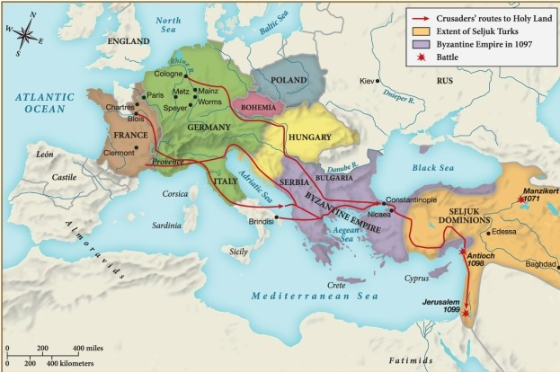 <strong>The map reproduced here tells us what about the First Crusade (1096-1099)? </strong> A) Naval forces were vital to transporting crusaders. B) Most crusaders came from modern-day France and Germany. C) Crusaders needed to control river valleys to defeat the Muslims. D) The Turks employed psychological warfare to divide the Crusaders.