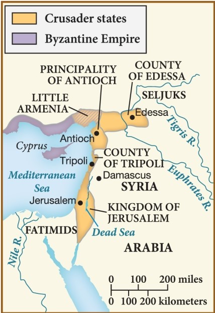 <strong>Which of the following statements is supported by this map of the crusader states in 1109? </strong> A) By 1109, the crusader states had conquered the Byzantine Empire in its entirety. B) The Byzantine Empire had expanded significantly to conquer most of the crusader states by this time. C) The kingdom of Jerusalem had been completely overtaken by the Byzantine Empire by this time. D) By 1109, the crusader states had occupied a small area of the Byzantine Empire.