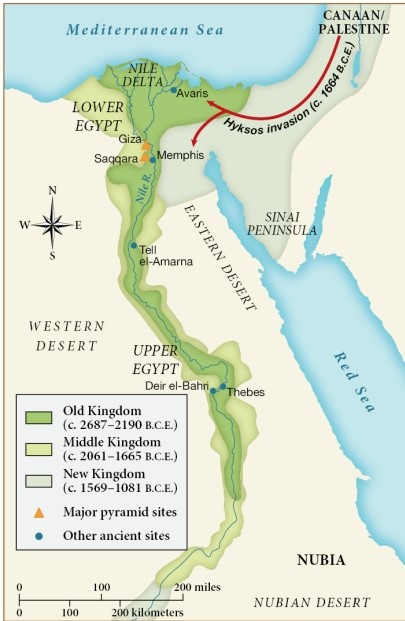 <strong>Which of the following statements is justified by this map? </strong> A) The Hyksos invasion led to the downfall of the Old Kingdom. B) During the Old Kingdom, Greek influences began to pervade Egypt. C) Egyptian civilization never extended beyond ten miles from the Nile River D) During the New Kingdom, Egypt expanded to its greatest extent.