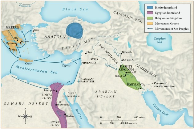 <strong>Based on this map, why were the Egyptian and Mycenaean Greek civilizations especially susceptible to invasion by the Sea Peoples? </strong> A) They lacked significant walls and other structures to deter such invasions. B) They bordered waterways, which is how the Sea Peoples traveled. C) They had only deserts as deterrents, which the Sea Peoples traveled through easily. D) They lacked the dense forests from which other kingdoms and regions benefitted.