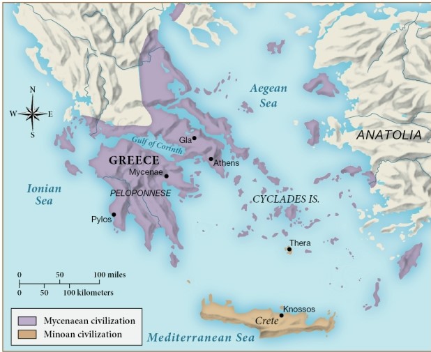 <strong>According to this map, Mycenaean civilization primarily occupied which region? </strong> A) Crete B) Cyclades Islands C) Greece D) Anatolia