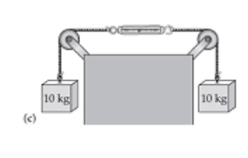 A spring scale typically indicates the magnitude of the tension force exerted on its bottom hook. What will the scale read in each of the cases shown in the diagram? (Hint: Draw a free-body diagram for the scale in each case.) -