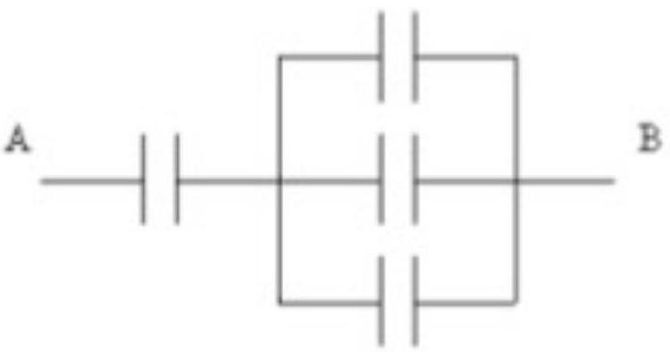<strong>The arrangement shown is composed of four 6.0 \mathrm{mF} capacitors. What is the capacitance of the combination? </strong> A) 24.0 \mathrm{mF} B) 8.0 \mathrm{mF} C) 9.0 \mathrm{mF} D) 4.5 \mathrm{mF} E) 12.5 \mathrm{mF}