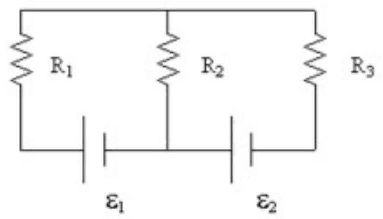<strong>If \mathrm{R}_{1}=6 \Omega, \mathrm{R}_{2}=8 \Omega, \mathrm{R}_{3}=2 \Omega, \varepsilon_{1}=4 \mathrm{~V} , and \varepsilon_{2}=14 \mathrm{~V} , what is the current in \mathrm{R}_{2} ? </strong> A) 1 A down B) 2.5 \mathrm{~A} up C) 2.5 A down D) 5 A down E) 1 \mathrm{~A} up