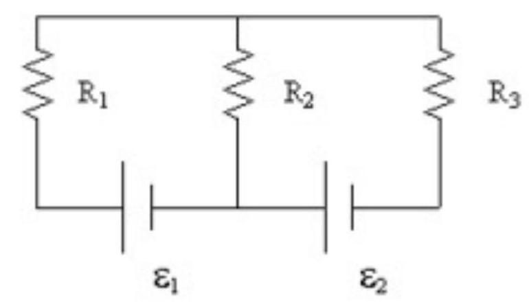 <strong>If \mathrm{R}_{1}=6.0 \Omega, \mathrm{R}_{2}=8.0 \Omega, \mathrm{R}_{3}=2.0 \Omega, \varepsilon_{1}=4.0 \mathrm{~V} , and \varepsilon_{2}=14 \mathrm{~V} , what is the power supplied to the circuit by \varepsilon_{1} ? </strong> A) 4.0 \mathrm{~W} B) 16 \mathrm{~W} C) 20 \mathrm{~W} D) 8.0 \mathrm{~W} E) 12 \mathrm{~W}