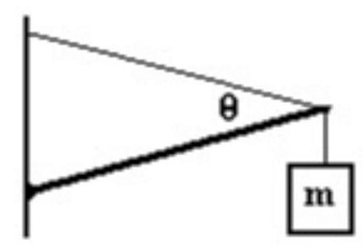  <strong>A  1.500 \mathrm{~m}  long uniform beam of mass  30.00 \mathrm{~kg}  is supported by a wire as shown in the figure. The beam makes an angle of 10.00 degrees with the horizontal and the wire makes an angle of 30.00 degrees with the beam. A  50.00 \mathrm{~kg}  mass,  \mathrm{m} , is attached to the end of the beam. What is the tension in the wire?  </strong> A)  1,855 \mathrm{~N}  B)  1,255 \mathrm{~N}  C)  1,435 \mathrm{~N}  D)  2,034 \mathrm{~N}  E)  1,035 \mathrm{~N}  <div style=padding-top: 35px>  