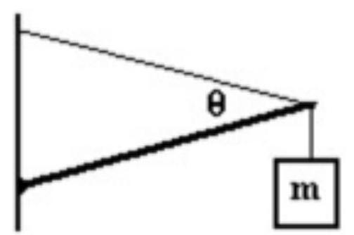  <strong>A  1.500 \mathrm{~m}  long uniform beam of mass  30.00 \mathrm{~kg}  is supported by a wire as shown in the figure. The beam makes an angle of 10.00 degrees with the horizontal and the wire makes an angle of 30.00 degrees with the beam. A  50.00 \mathrm{~kg}  mass,  \mathrm{m} , is attached to the end of the beam. What are the vertical and horizontal components of the force of the wall on the beam at the hinge?  </strong> A)  \mathrm{H}=1,458 \mathrm{~N}, \mathrm{~V}=454.0 \mathrm{~N}  B)  \mathrm{H}=750 \mathrm{~N}, \mathrm{~V}=297.3 \mathrm{~N}  C)  \mathrm{H}=1,300 \mathrm{~N}, \mathrm{~V}=403.4 \mathrm{~N}  D)  \mathrm{H}=979 \mathrm{~N}, \mathrm{~V}=324.5 \mathrm{~N}  E)  \mathrm{H}=1,179 \mathrm{~N}, \mathrm{~V}=354.9 \mathrm{~N}  <div style=padding-top: 35px>  